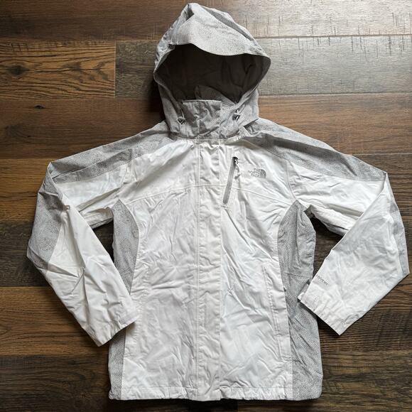 The North Face HyVent Women’s Jacket L White Gray Dot Print Hooded Waterproof - Picture 1 of 11
